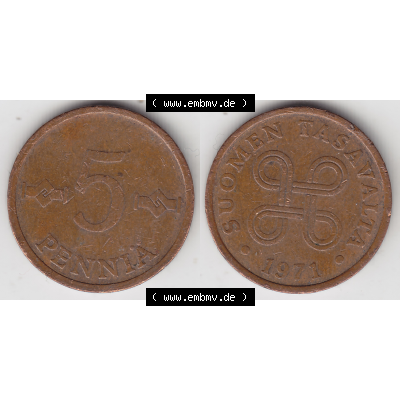 Münze Finnland / SUOMI Umlaufmünzen Sammlung in PNG 1963-1977, 5 Penniä (3) - Digital Münzen-Bildmaterial einer Münze aus Finnland in farbige mit einen Scanner... Sammlung