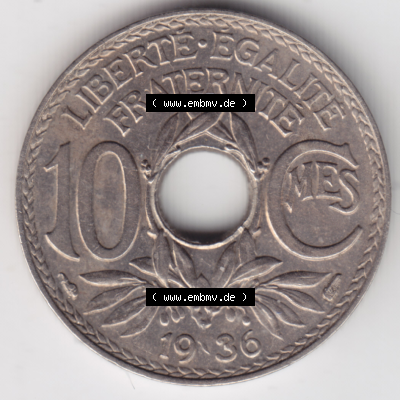 Münze Frankreich Umlaufmünzen Sammlung in PNG 1917-1938, 10 Centimes, Cent 1936 (1) - Digitales Münzen-Bildmaterial einer französischen Francs Münze aus Frankreich... Sammlung