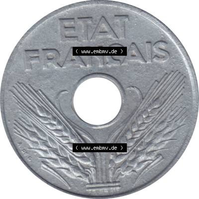 Münze Frankreich Umlaufmünzen Sammlung in PNG 1941-1944, 20 Centimes, Cent 1943-01 (6) - Digitales Münzen-Bildmaterial einer französischen Francs Münze aus... Sammlung