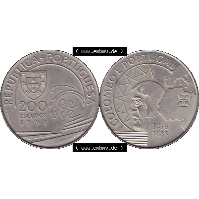 Alte Gedenkmünze aus Portugal als PNG-Grafik 1991, 200 Escudos, Colombo E Portugal 1476-1485. Vorderseite und Rückseite auf einen Bild/Foto der portugiesischen 200 Escudos... Sammlung