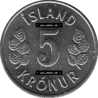 Alte Münze Island Umlaufmünze 1969-1980, 5 Kronur 1973-01, 5 Isländische Kronen Graustufen. Rückseite der Umlaufmünze in Graustufen Münze aus Island auf... Sammlung