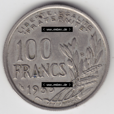 Münze Frankreich Umlaufmünzen Sammlung in PNG 1954-1958; 100 Francs, Franken Typ I. 1955 (1) - Digitales Münzen-Bildmaterial einer französischen Francs Münze... Sammlung