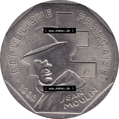 Münze Frankreich Umlaufmünzen Sammlung in PNG 1993-1993, 2 Francs Jean Moulin 1993-01 (6) - Digitales Münzen-Bildmaterial einer französischen Francs Münze aus Frankreich... Sammlung