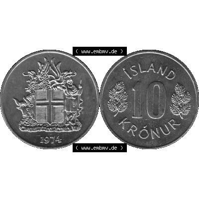 Alte Münze Island Umlaufmünze 1967-1980, 10 Kronur 1974-01, 10 Isländische Kronen Graustufen. Vorderseite und Rückseite der Münze / Kursmünze aus Island,... Sammlung