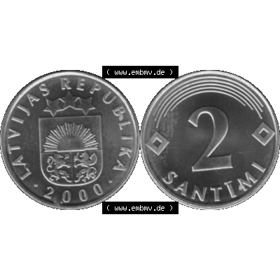 Alte Münze Lettland Umlaufmünze 1992-2009, 2 Santimi 2000-01, VS Staatswappen, RS. Wert-Zahl Graustufen. Vorderseite und Rückseite der lettischen Münze... Sammlung