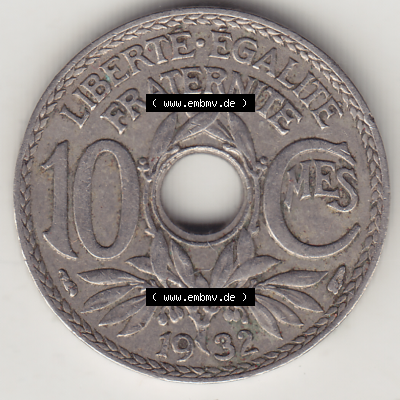 Münze Frankreich Umlaufmünzen Sammlung in PNG 1917-1938, 10 Centimes - Cmes 1932 (2) - Digitales Münzen-Bildmaterial einer französischen Francs Münze aus Frankreich... Sammlung
