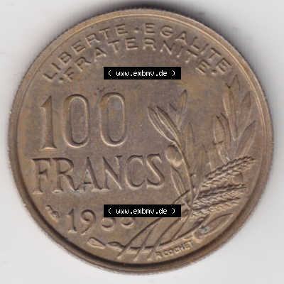 Münze Frankreich Umlaufmünzen Sammlung in PNG 1954-1958, 100 Francs, Franken Typ II 1955 (1) - Digitales Münzen-Bildmaterial einer französischen Francs Münze... Sammlung