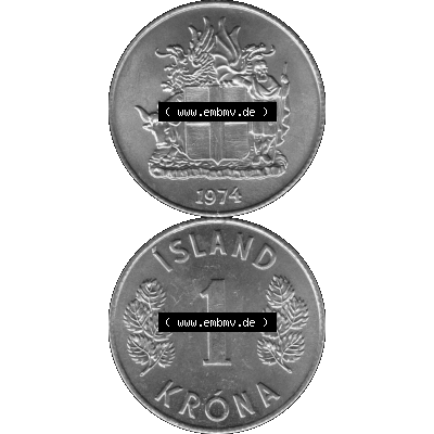 Alte Münze Island Umlaufmünze 1957-1975, 1 KR, Eine Krone 1974-01 Graustufen. Vorderseite und Rückseite in Graustufen der Münze aus Island, vertikal auf einen... Sammlung