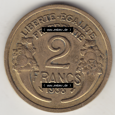 Münze Frankreich Umlaufmünzen Sammlung in PNG 1931-1941, 2 Franken 1938-1 LIBERTE EGALITE FRATERNITE (2) - Digitales Münzen-Bildmaterial einer französischen Francs Münze... Sammlung
