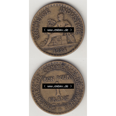 Münze Frankreich Umlaufmünzen Sammlung in PNG 1920-1927, 1 Franken BON POUR 1 FRANC 1924-2 (4) - Digitales Münzen-Bildmaterial einer französischen Francs Münze... Sammlung