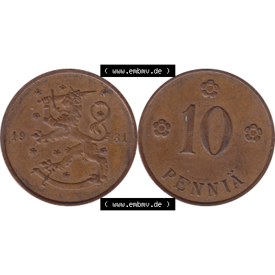 Münze Finnland / SUOMI Umlaufmünzen Sammlung in PNG 1919-1940, 10 Penny, Penniä 1931 (7) - Digital Münzen-Bildmaterial einer Münze aus Finnland in farbige... Sammlung