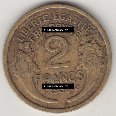 Münze Frankreich Umlaufmünzen Sammlung in PNG 1931-1941, 2 Franken 1938-2 LIBERTE EGALITE FRATERNITE (2) - Digitales Münzen-Bildmaterial einer französischen Francs Münze... Sammlung