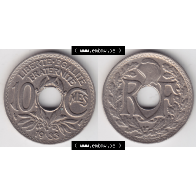 Münze Frankreich Umlaufmünzen Sammlung in PNG 1917-1938, 10 Centimes, Cent 1933 (3) - Digitales Münzen-Bildmaterial einer französischen Francs Münze aus Frankreich... Sammlung