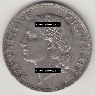 Münze Frankreich Umlaufmünzen Sammlung in PNG 1933-1938, 5 Franken - Francs RF 1933 (1) - Digitales Münzen-Bildmaterial einer französischen Francs Münze aus Frankreich... Sammlung