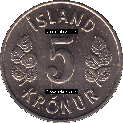 Alte Münze Island Umlaufmünze 1969-1980, 5 Kronur 1973-01, 5 Isländische Kronen. Rückseite der alten Münze, Umlaufmünze aus Island, Münze... Sammlung