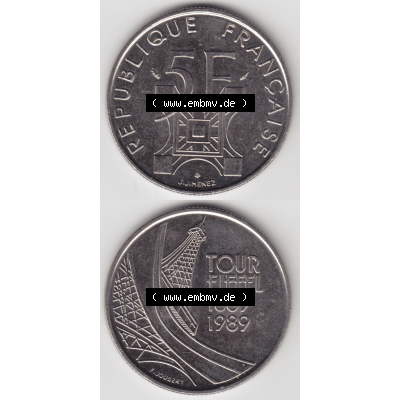 Münze Frankreich Umlaufmünzen Sammlung in PNG 1989-1989, 5 Francs Franken Eiffelturm (4) - Digitales Münzen-Bildmaterial einer französischen Francs Münze aus Frankreich... Sammlung