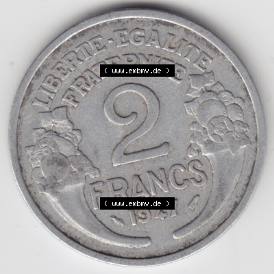Münze Frankreich Umlaufmünzen Sammlung in PNG 1941-1959, 2 Francs, Franken 1947 (1) - Digitales Münzen-Bildmaterial einer französischen Francs Münze aus Frankreich... Sammlung