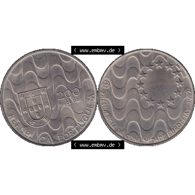 Alte Gedenkmünze aus Portugal als PNG-Grafik 1992, 200 Escudos, Presidencia da Comunidade Europeia. Vorderseite und Rückseite auf einen Bild/Foto der portugiesischen 200... Sammlung