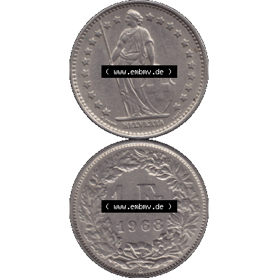 Alte Münze Schweiz in original Farbgebung vom Scanner transparenten PNG 1968-1982, 1 Franken B 1968-03. Vorderseite und Rückseite der Münze Umlaufmünze / Kursmünze... Sammlung