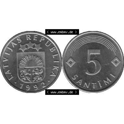 Alte Münze Lettland Umlaufmünze 1992-2009, 5 Santimi 1992-01, VS Staatswappen, RS. Wert-Zahl Graustufen. Vorderseite und Rückseite der lettischen Münze... Sammlung