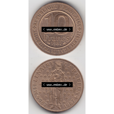 Münze Frankreich Umlaufmünzen Sammlung in PNG 1987-1987, 10 Francs 1000 Jahre König Hugo Capet erster König von Frankreich (4) - Digitales Münzen-Bildmaterial einer... Sammlung