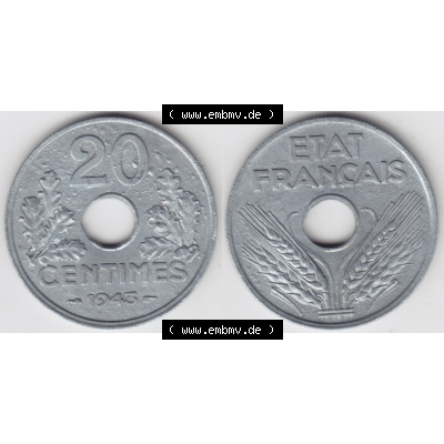 Münze Frankreich Umlaufmünzen Sammlung in PNG 1941-1944, 20 Centimes, Cent 1943 (3) - Digitales Münzen-Bildmaterial einer französischen Francs Münze aus Frankreich... Sammlung