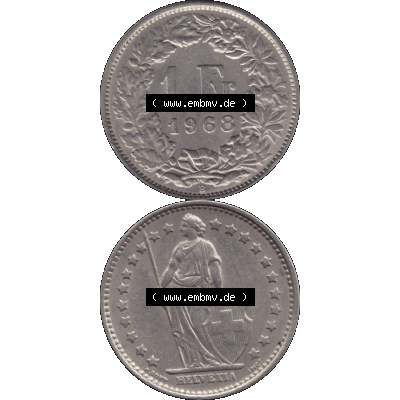 Alte Münze Schweiz in original Farbgebung vom Scanner transparenten PNG 1968-1982, 1 Franken B 1968-03 (16). Digitales Münzen-Bildmaterial der 1/Ein Franken Münze... Sammlung