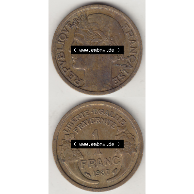 Münze Frankreich Umlaufmünzen Sammlung in PNG 1931-1941, 1 Franken, 1 Franc, 1937-1 LIBERTE EGALITE FRATERNITE (4) - Digitales Münzen-Bildmaterial einer französischen... Sammlung