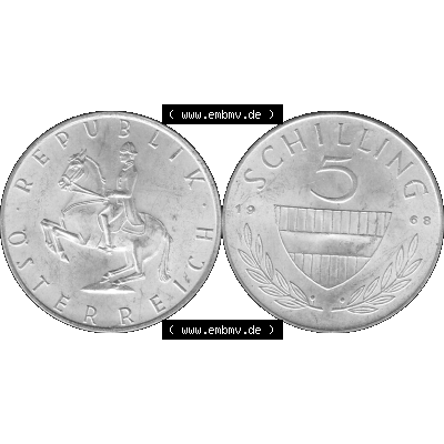 Alte Münze 5 / Fünf Schilling Österreich in s/w Schwarzweiß bzw. Graustufen Farbgebung von Scanner transparenten PNG 1960-1968, 5 Fünf Schilling 1968-01,... Sammlung