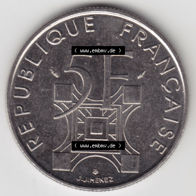 Münze Frankreich Umlaufmünzen Sammlung in PNG 1989-1989, 5 Francs Franken Eiffelturm (1) - Digitales Münzen-Bildmaterial einer französischen Francs Münze aus Frankreich... Sammlung