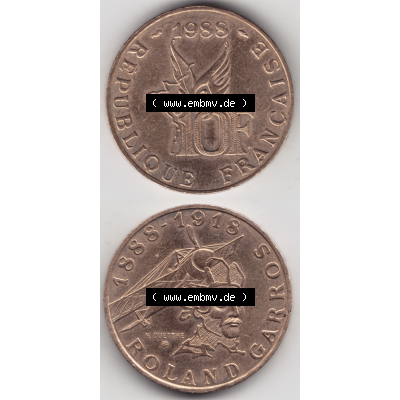 Münze Frankreich Umlaufmünzen Sammlung in PNG 1988-1988, 10 Francs Roland Garros (4) - Digitales Münzen-Bildmaterial einer französischen Francs Münze aus Frankreich... Sammlung