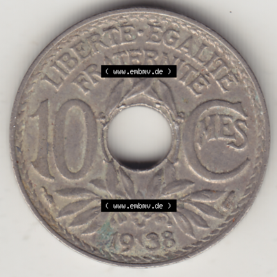 Münze Frankreich Umlaufmünzen Sammlung in PNG 1917-1938, 10 Centimes - Cmes 1938-2 (2) - Digitales Münzen-Bildmaterial einer französischen Francs Münze aus Frankreich... Sammlung