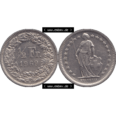 Alte Münze Schweiz in original Farbgebung vom Scanner transparenten PNG 1968-1982, 1/2 (halber) Franken B 1969-02. Erst die Rückseite Links und dann die Vorderseite... Sammlung