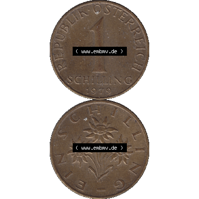 Alte Münzen Österreich 1 / Ein Schilling 1959-2001, 1 Schilling 1979-03. Vorderseite und Rückseite der Kursmünze 1 / Ein Schilling Münze Edelweiß aus... Sammlung