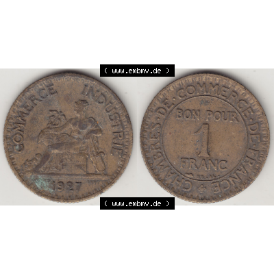 Münze Frankreich Umlaufmünzen Sammlung in PNG 1920-1927, 1 Franken BON POUR 1 FRANC 1927 (3) - Digitales Münzen-Bildmaterial einer französischen Francs Münze aus... Sammlung