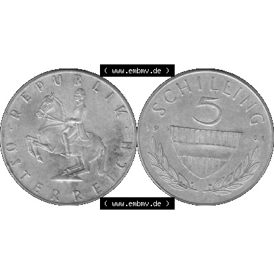 Alte Münze 5 / Fünf Schilling Österreich in s/w Schwarzweiß bzw. Graustufen Farbgebung von Scanner transparenten PNG 1960-1968, 5 Fünf Schilling 1961-02,... Sammlung