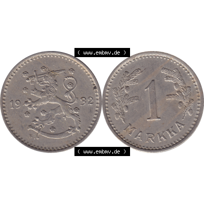 Münze Finnland / SUOMI Umlaufmünzen Sammlung in PNG 1928-1940, 1 finnische Mark, Markka 1932 (7) - Digital Münzen-Bildmaterial einer Münze aus Finnland in... Sammlung