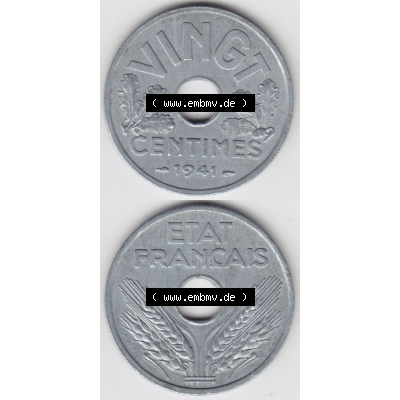 Münze Frankreich Umlaufmünzen Sammlung in PNG 1941-1941, VINGT 20 Centimes, Cent (4) - Digitales Münzen-Bildmaterial einer französischen Francs Münze aus... Sammlung