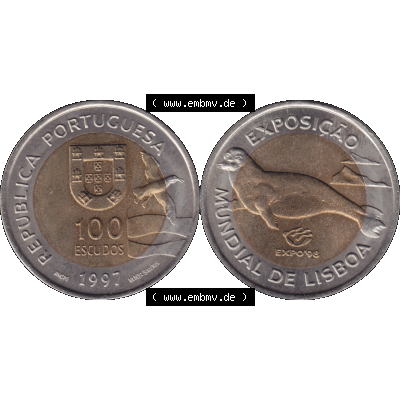 Alte Gedenkmünze aus Portugal als PNG-Grafik 1997, 100 Escudos, EXPO98, Exposicao, Mundial de Lisaboa. Vorderseite und Rückseite auf einen Bild/Foto der portugiesischen... Sammlung