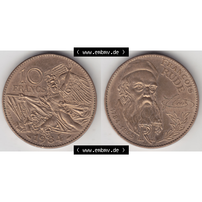 Münze Frankreich Umlaufmünzen Sammlung in PNG 1984-1984, 10 Francs Francois Rude (3) - Digitales Münzen-Bildmaterial einer französischen Francs Münze aus Frankreich... Sammlung