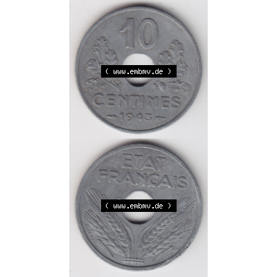 Münze Frankreich Umlaufmünzen Sammlung in PNG 1941-1943, 10 Centimes, Etat Francais 1943 (4) - Digitales Münzen-Bildmaterial einer französischen Francs Münze... Sammlung