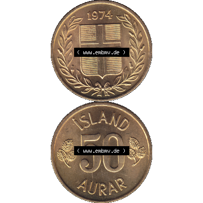 Alte Münze Island Umlaufmünze 1969-1974, 50 Aurar 1974-01, 50 Isländische Aurar. Vorderseite und Rückseite der Münze, Umlaufmünze / Kursmünze... Sammlung