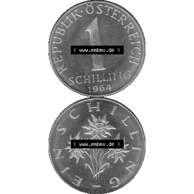 Alte Münzen Österreich 1 / Ein Schilling in Graustufen 1959-2001, 1 Schilling 1964-01 Graustufen. Vorderseite und Rückseite in Graustufen der 1/Ein Schilling-Münze... Sammlung