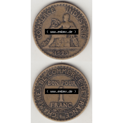 Münze Frankreich Umlaufmünzen Sammlung in PNG 1920-1927, 1 Franken BON POUR 1 FRANC 1925 (4) - Digitales Münzen-Bildmaterial einer französischen Francs Münze aus... Sammlung
