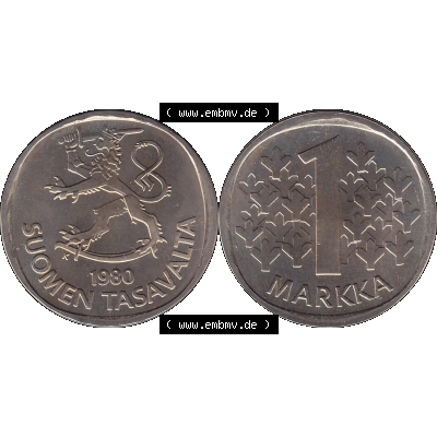 Alte Münzen KMS Finnland, Kursmünzensatz 1980 in Stempelglanz als digitales Computerbild in transparenten PNG 1969-1993, 1 Markka, Eine finnische Mark 1980-01, SUOMEN... Sammlung