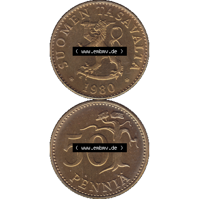 Alte Münzen KMS Finnland, Kursmünzensatz 1980 in Stempelglanz als digitales Computerbild in transparenten PNG 1963-1990, 50 Penny Fünfzig Penniä 1980-01, SUOMEN TASAVALTA.... Sammlung