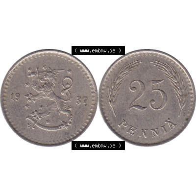 Münze Finnland / SUOMI Umlaufmünzen Sammlung in PNG 1921-1940, 25 Penny, Penniä 1937 (7) - Digital Münzen-Bildmaterial einer Münze aus Finnland in farbige... Sammlung