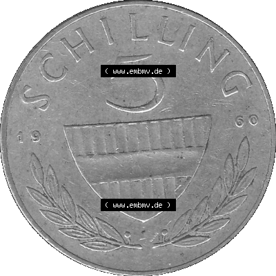 Alte Münze 5 / Fünf Schilling Österreich in s/w Schwarzweiß bzw. Graustufen Farbgebung von Scanner transparenten PNG 1960-1968, 5 Fünf Schilling 1960-01,... Sammlung