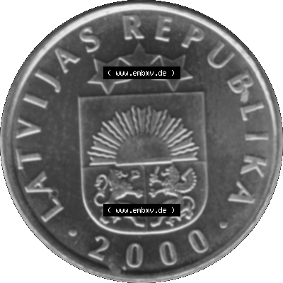 Alte Münze Lettland Umlaufmünze 1992-2009, 2 Santimi 2000-01, VS Staatswappen, RS. Wert-Zahl Graustufen. Vorderseite in Graustufen der Münze aus Lettland... Sammlung
