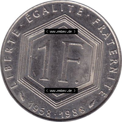 Münze Frankreich Umlaufmünzen Sammlung in PNG 1988-1988, 1 Francs, Franken 1988-01 (5) - Digitales Münzen-Bildmaterial einer französischen Francs Münze aus... Sammlung
